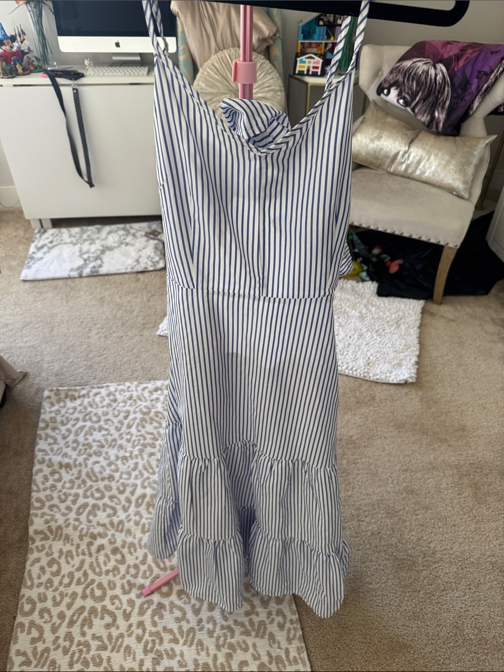SHEIN Blue and White Striped Backless Tiered Maxi Dress